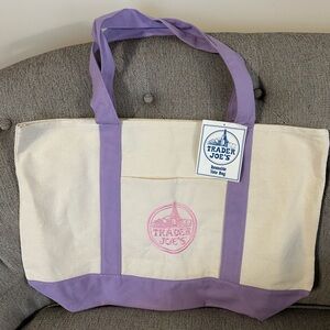 Trader Joe's Cream and Lilac Canvas Tote Bag